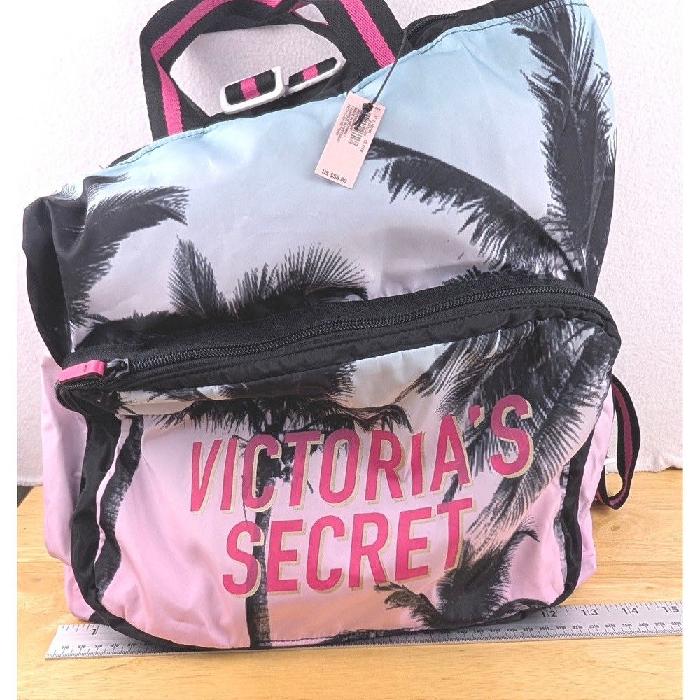 Victoria's Secret Pink Tropical Palm Tree Backpack Nylon Travel Bag NWT - Picture 10 of 11